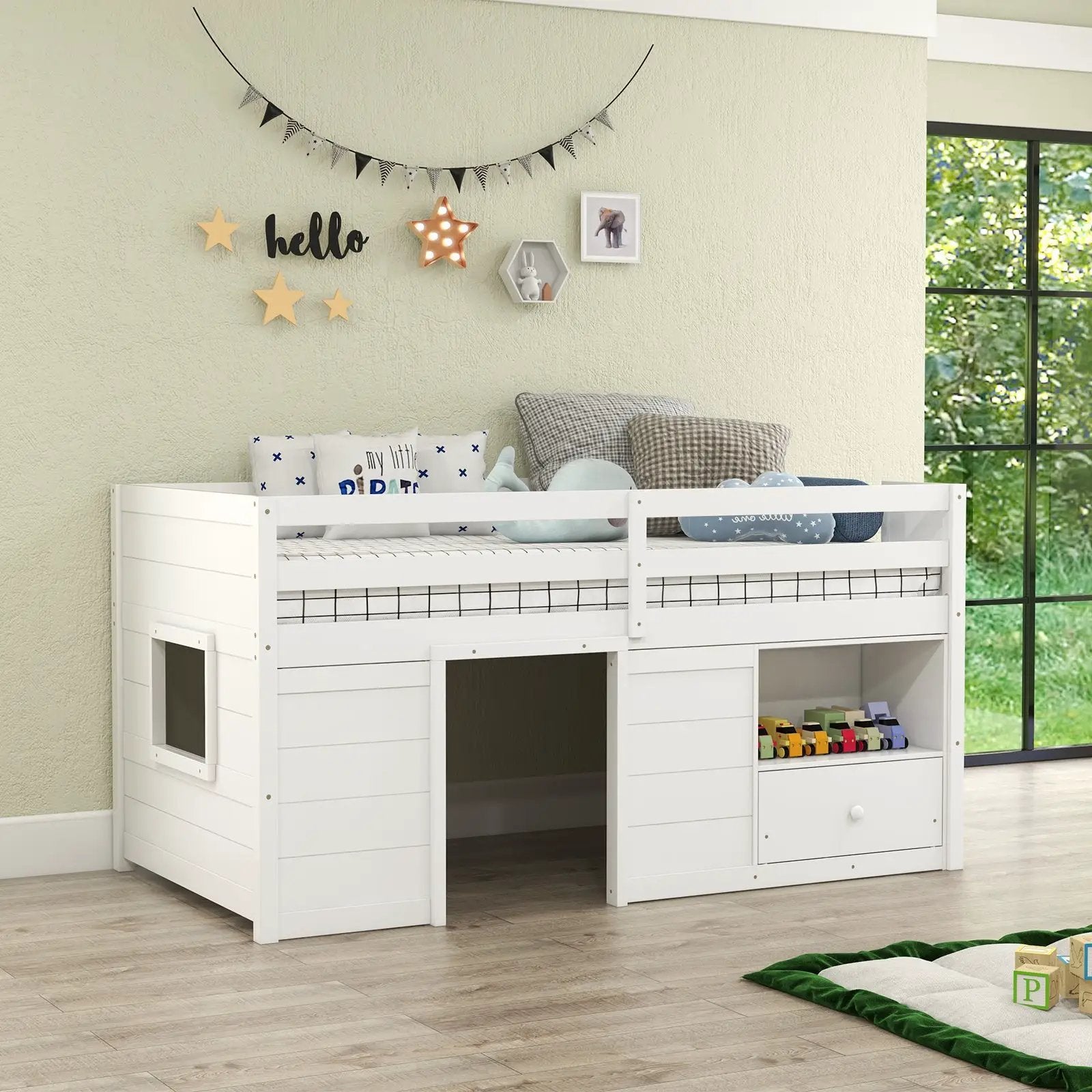 Twin Size Solid Wood Low Loft Bed with Storage and Drawer-White by DirectDeals