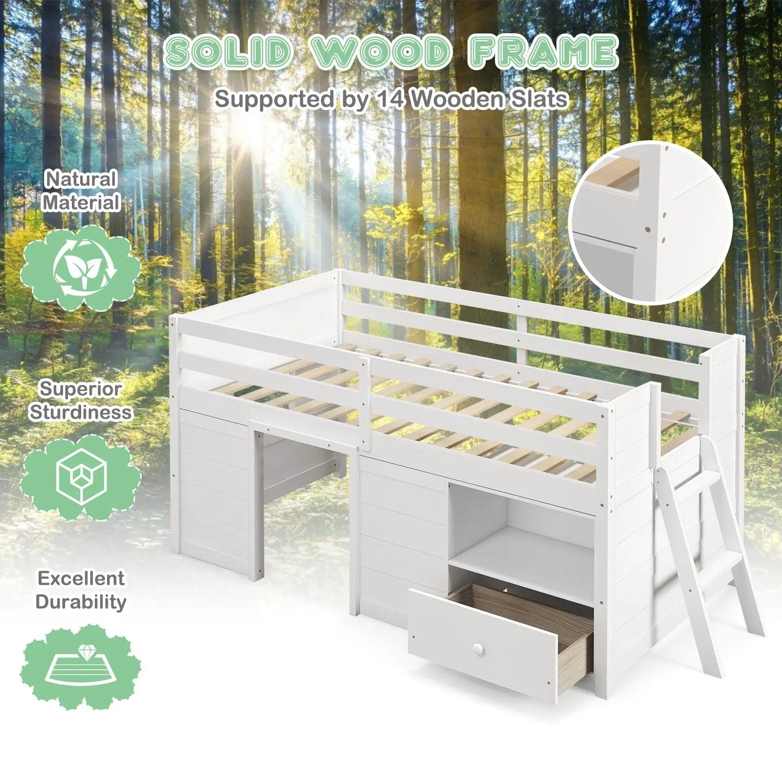 Twin Size Solid Wood Low Loft Bed with Storage and Drawer-White by DirectDeals