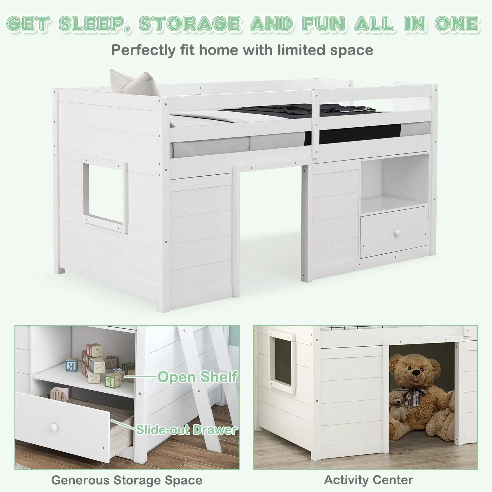 Twin Size Solid Wood Low Loft Bed with Storage and Drawer-White by DirectDeals