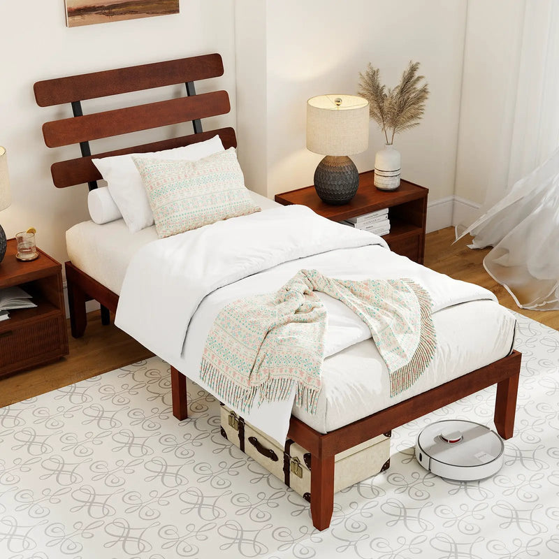 Full Size Bed Frame 15.5 Inch Solid Wood Platform Bed with Retro Headboard by DirectDeals