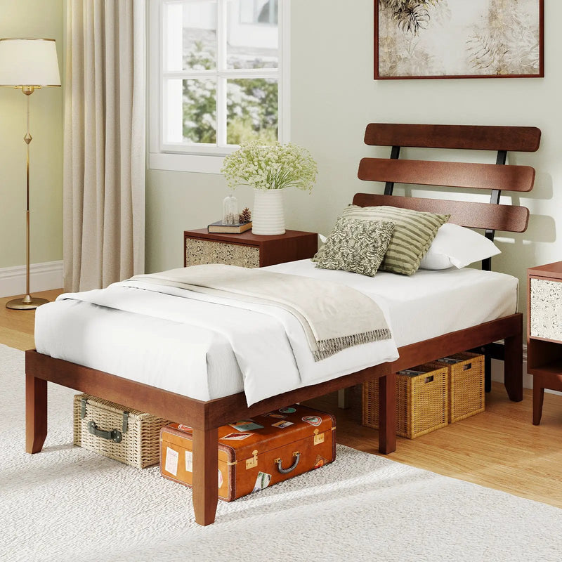 Full Size Bed Frame 15.5 Inch Solid Wood Platform Bed with Retro Headboard by DirectDeals