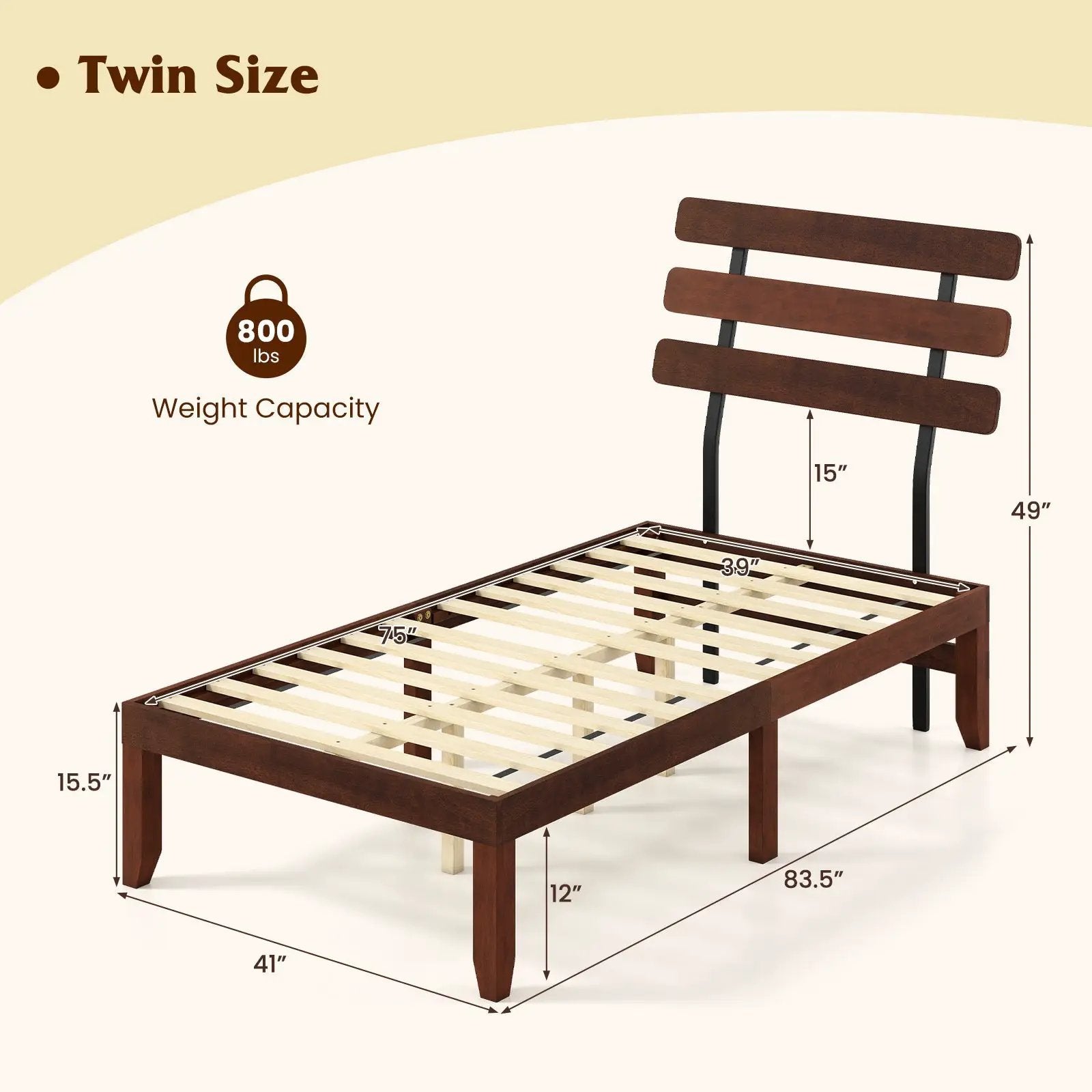 Full Size Bed Frame 15.5 Inch Solid Wood Platform Bed with Retro Headboard by DirectDeals