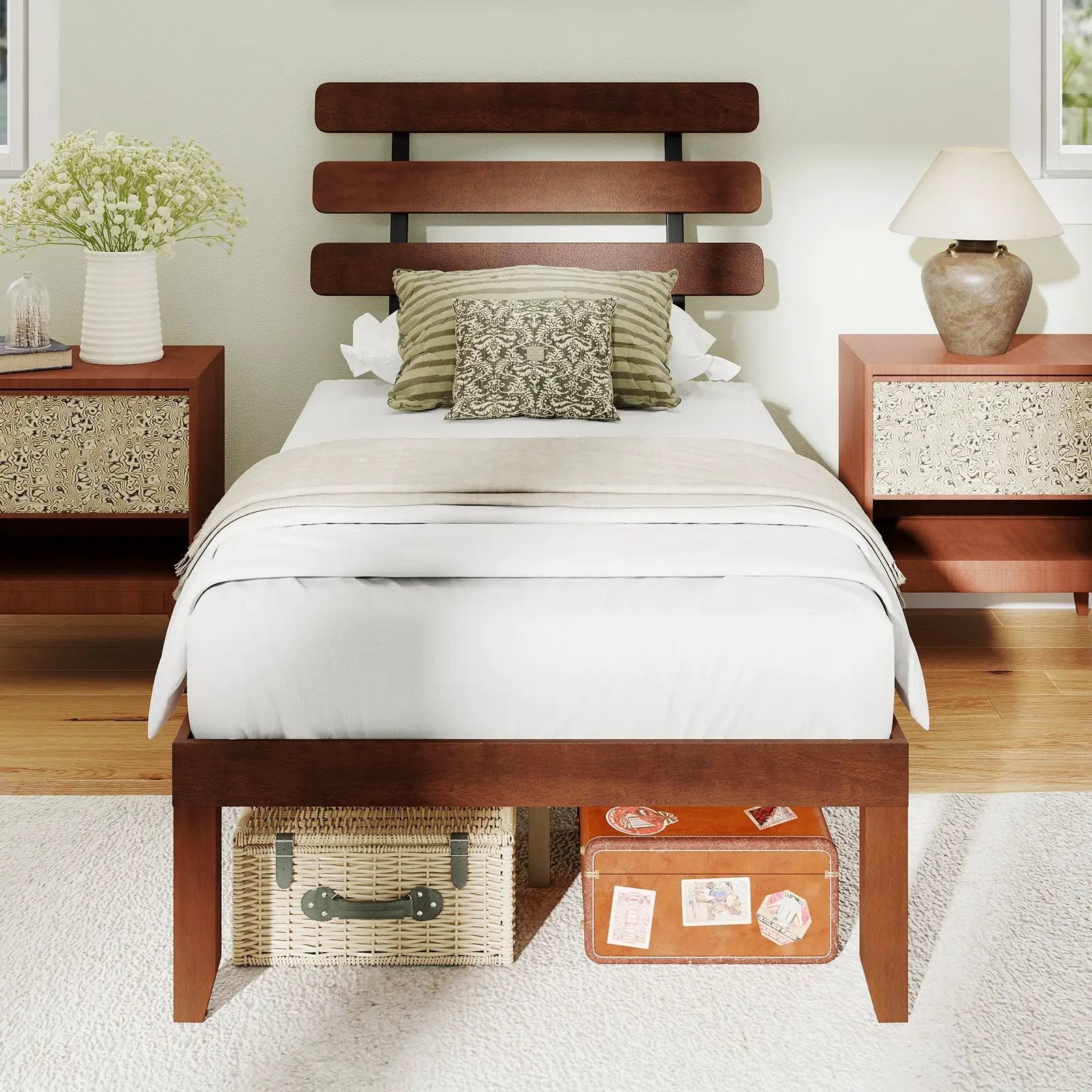 Full Size Bed Frame 15.5 Inch Solid Wood Platform Bed with Retro Headboard by DirectDeals