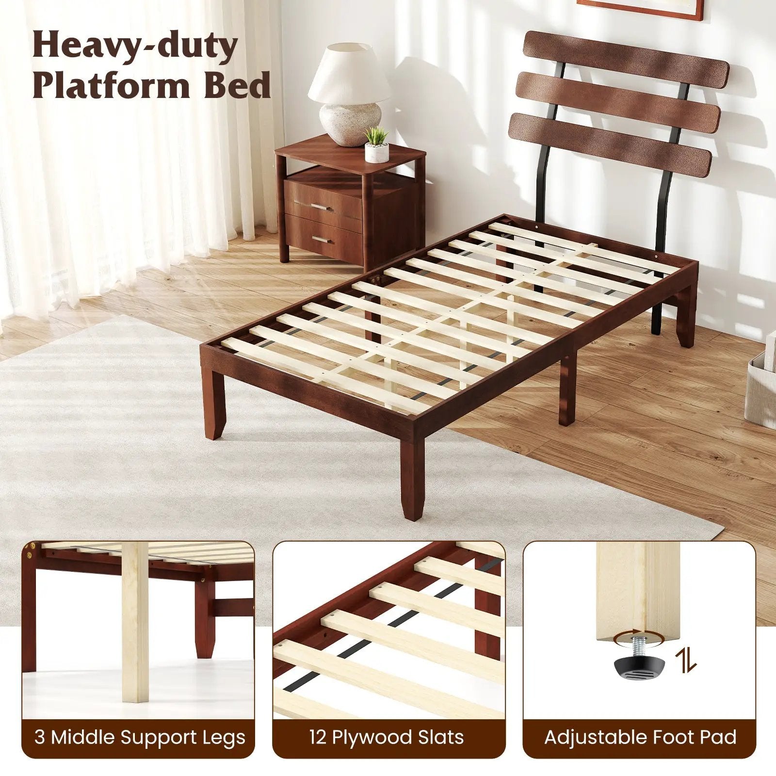 Full Size Bed Frame 15.5 Inch Solid Wood Platform Bed with Retro Headboard by DirectDeals