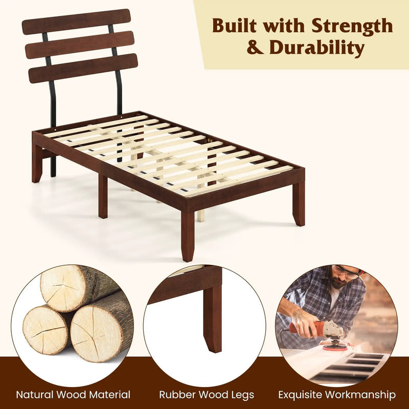 Full Size Bed Frame 15.5 Inch Solid Wood Platform Bed with Retro Headboard by DirectDeals