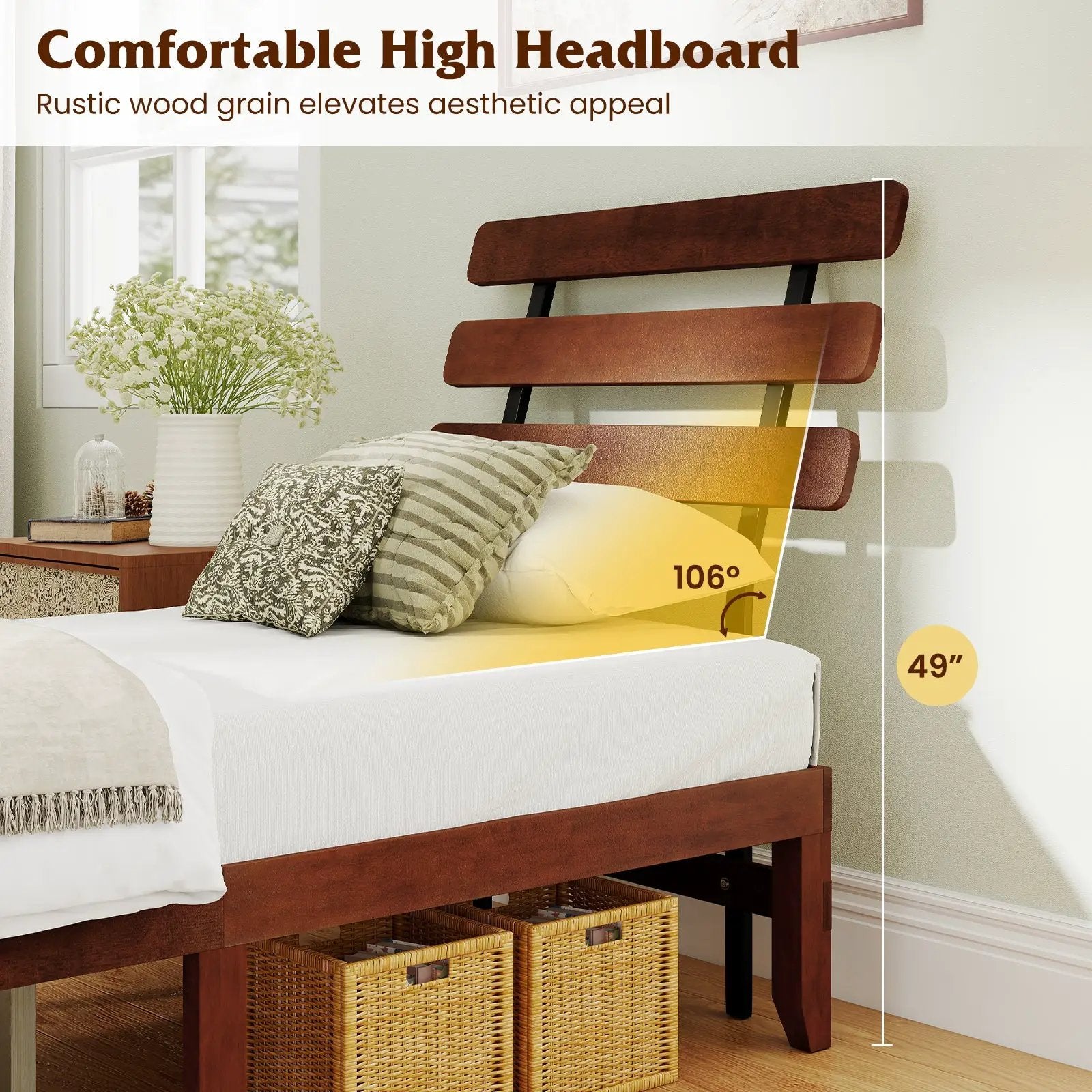 Full Size Bed Frame 15.5 Inch Solid Wood Platform Bed with Retro Headboard by DirectDeals