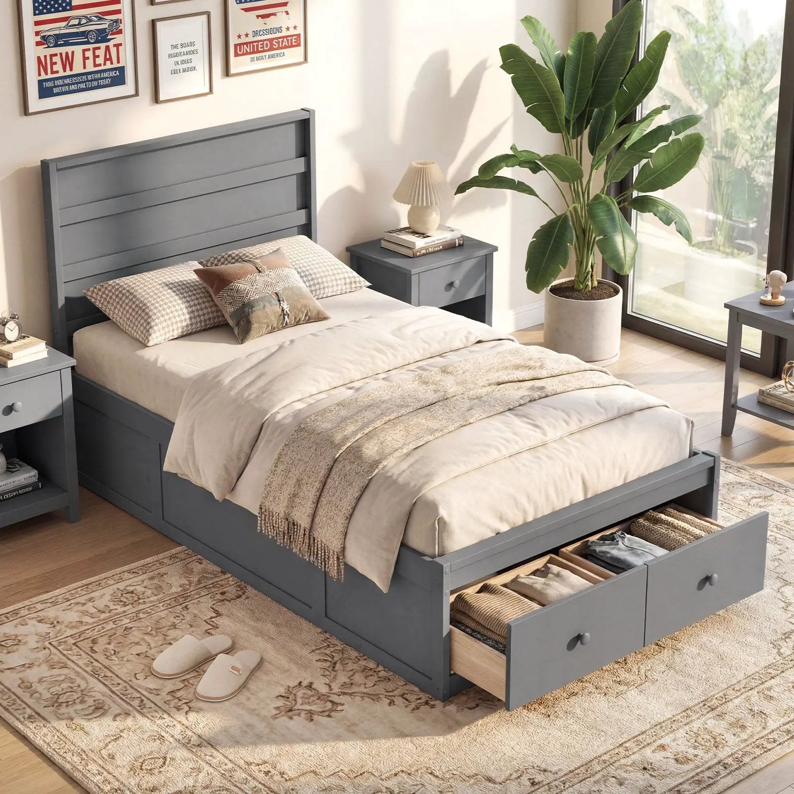 Twin Size Bed Frame with Storage Drawers and Headboard by DirectDeals