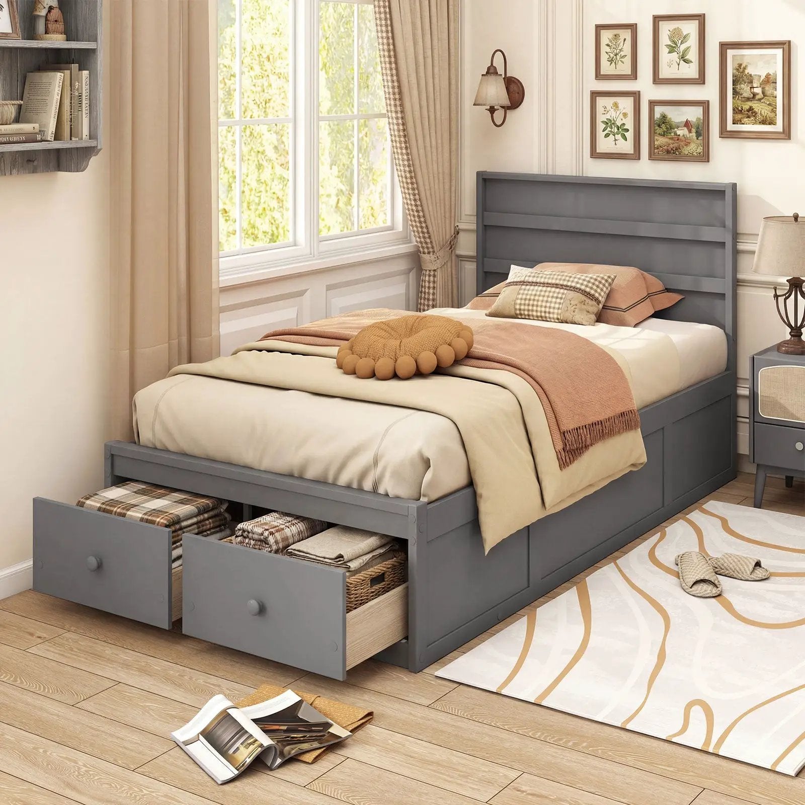 Twin Size Bed Frame with Storage Drawers and Headboard by DirectDeals