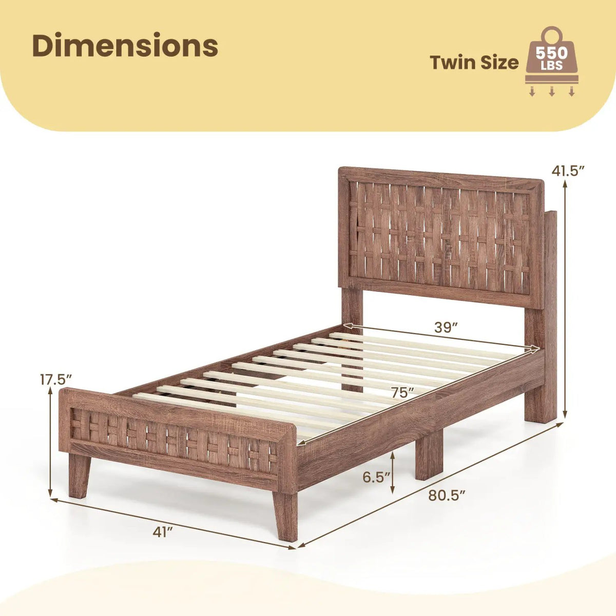 Twin Size Bed Frame Mid Century with Woven Accent Headboard by DirectDeals