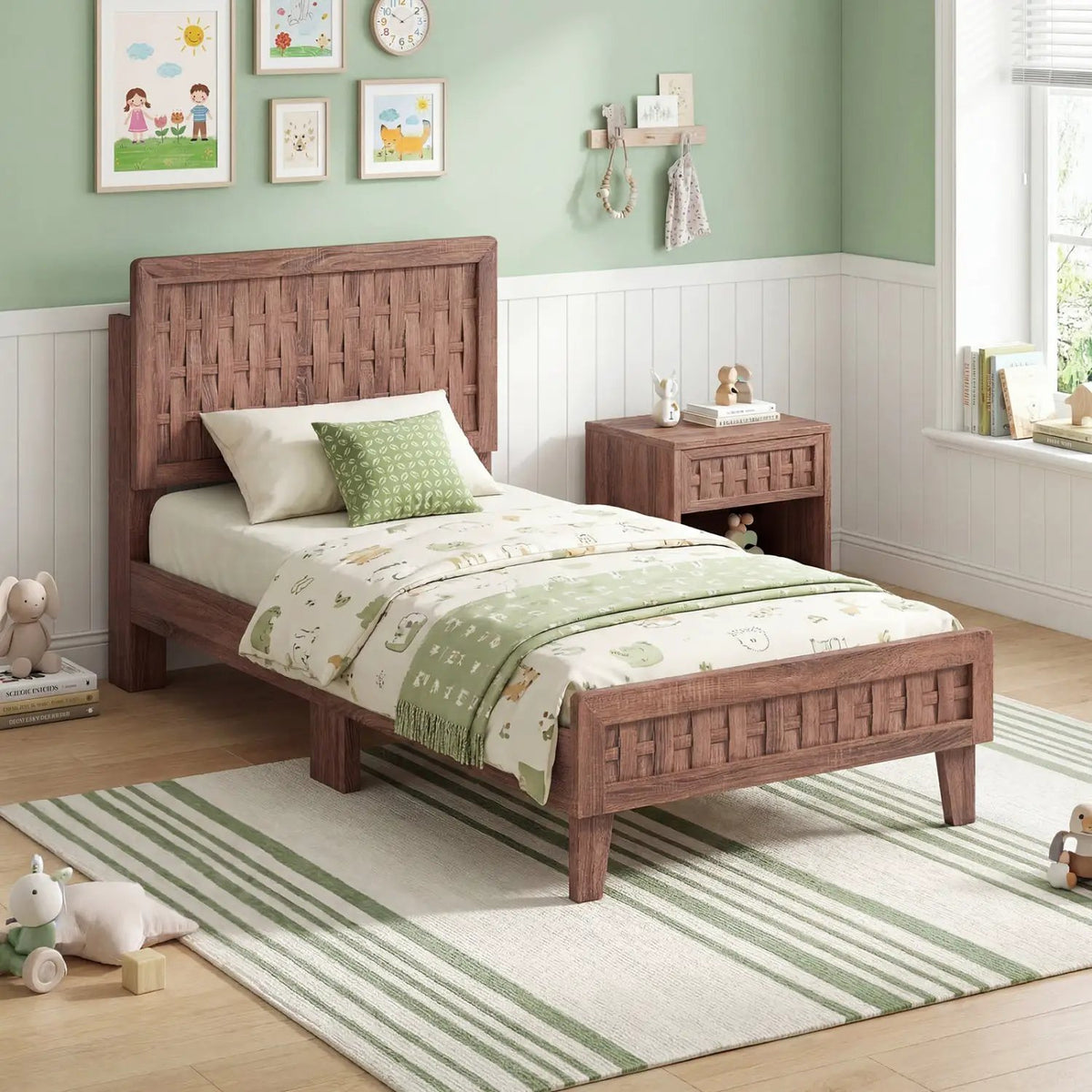 Twin Size Bed Frame Mid Century with Woven Accent Headboard by DirectDeals