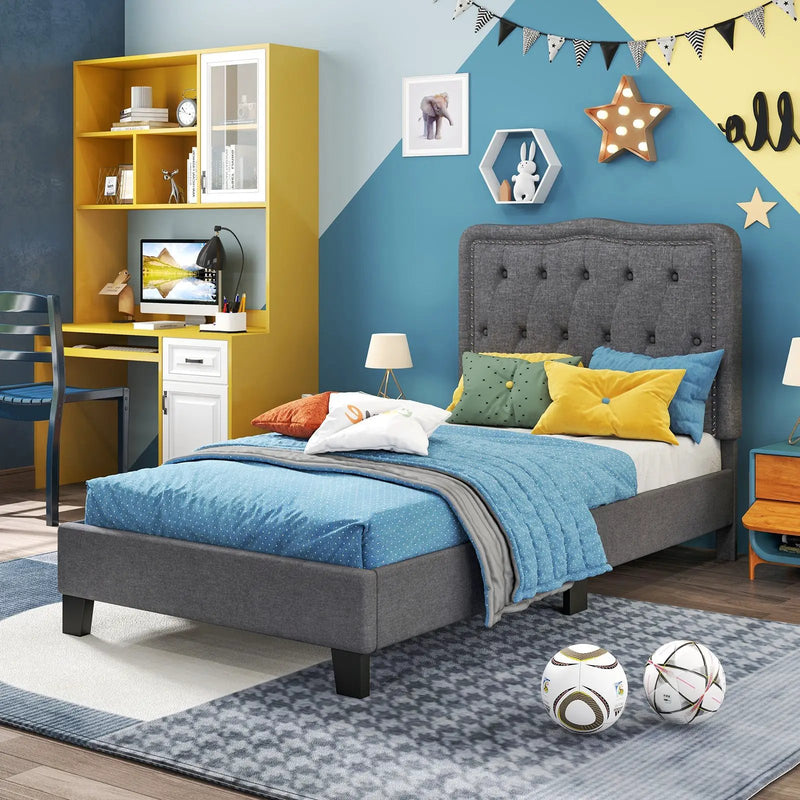 Twin Size Bed Frame with 46 Inch Tall Button Tufted Headboard-Gray by DirectDeals