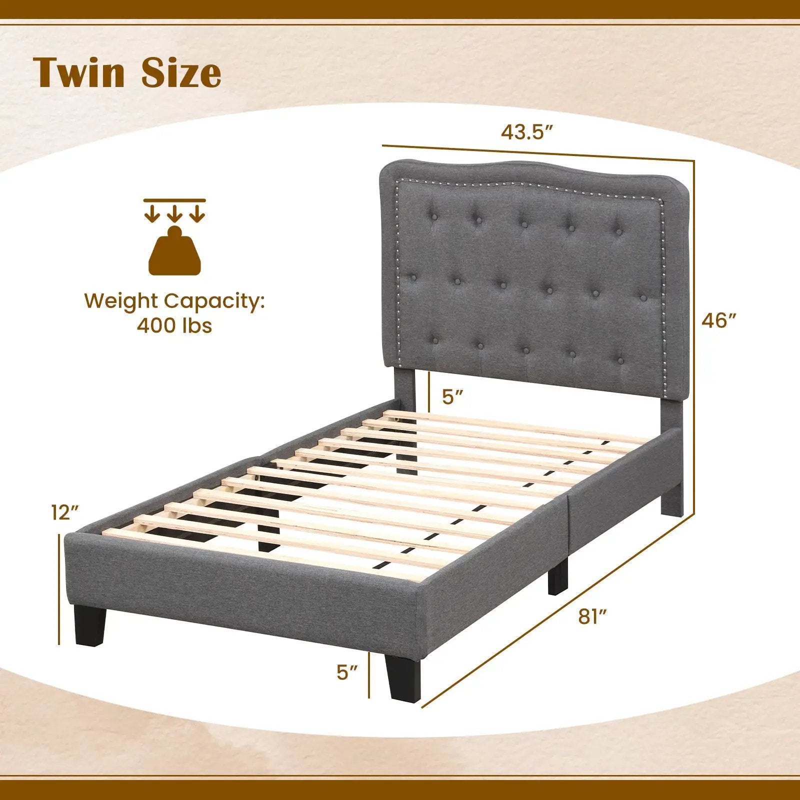Twin Size Bed Frame with 46 Inch Tall Button Tufted Headboard-Gray by DirectDeals