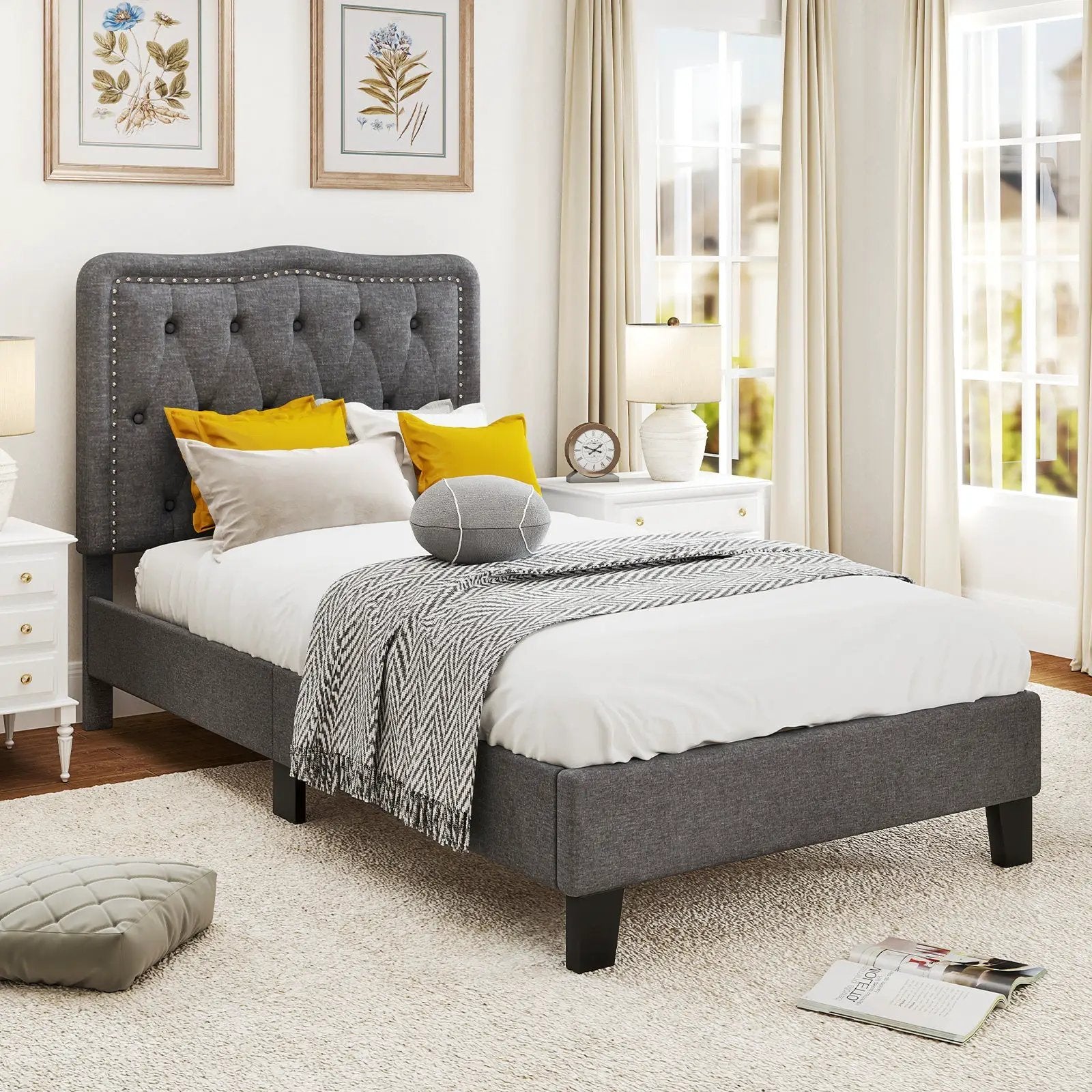 Twin Size Bed Frame with 46 Inch Tall Button Tufted Headboard-Gray by DirectDeals