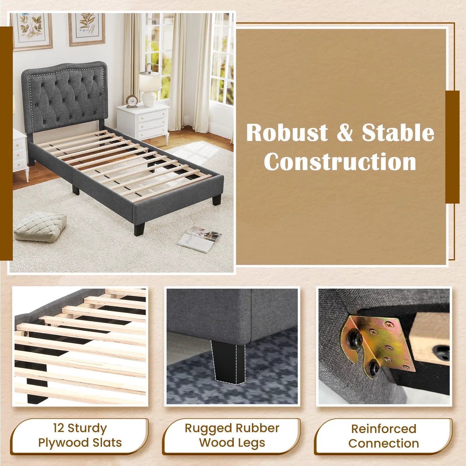 Twin Size Bed Frame with 46 Inch Tall Button Tufted Headboard-Gray by DirectDeals