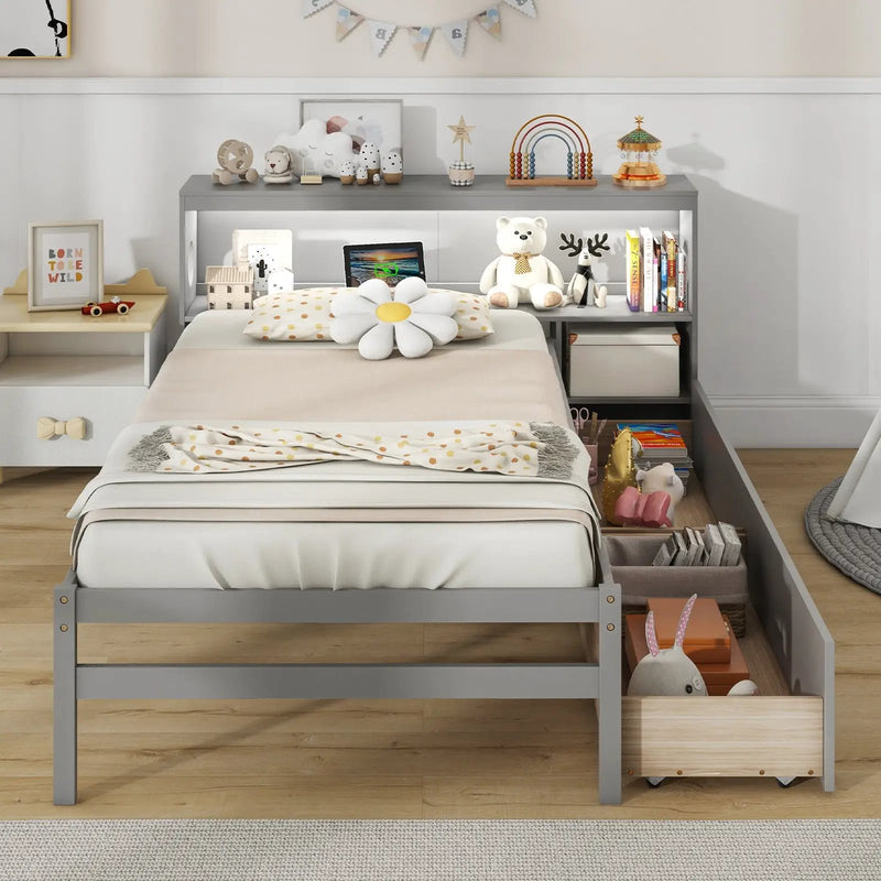 Twin Size Bed Frame with LED Light and Bookcase Headboard by DirectDeals