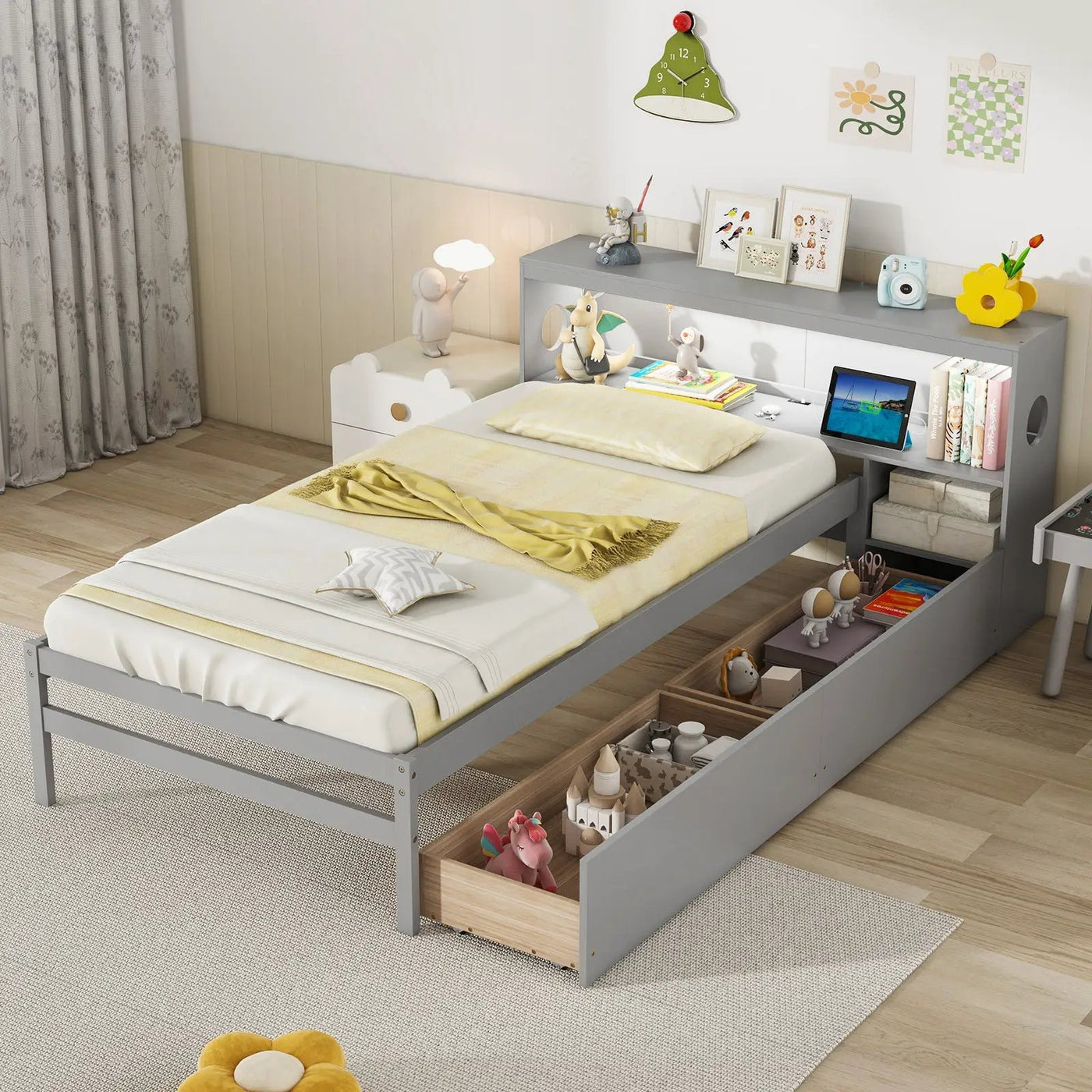 Twin Size Bed Frame with LED Light and Bookcase Headboard by DirectDeals