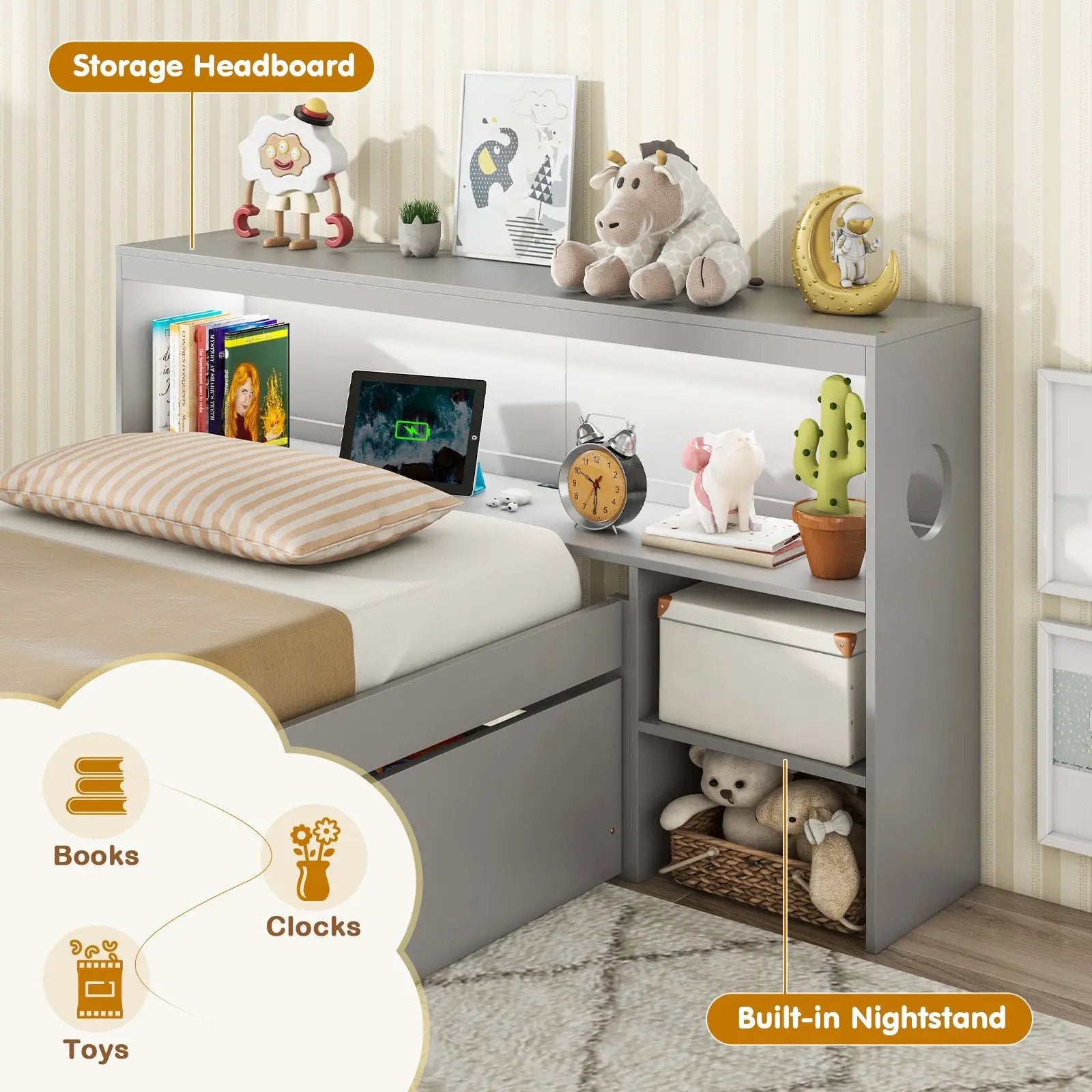 Twin Size Bed Frame with LED Light and Bookcase Headboard by DirectDeals