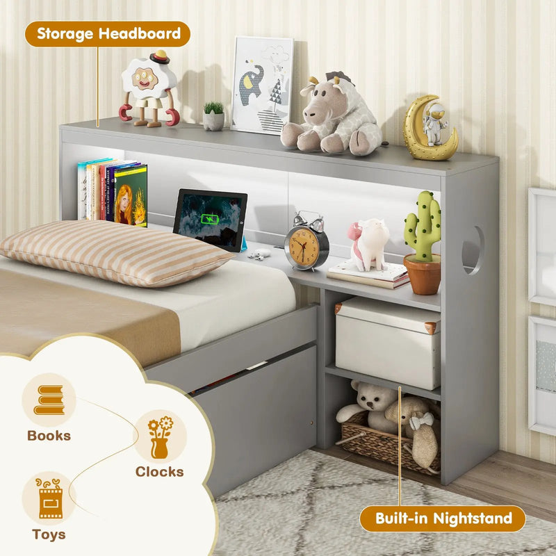 Twin Size Bed Frame with LED Light and Bookcase Headboard by DirectDeals