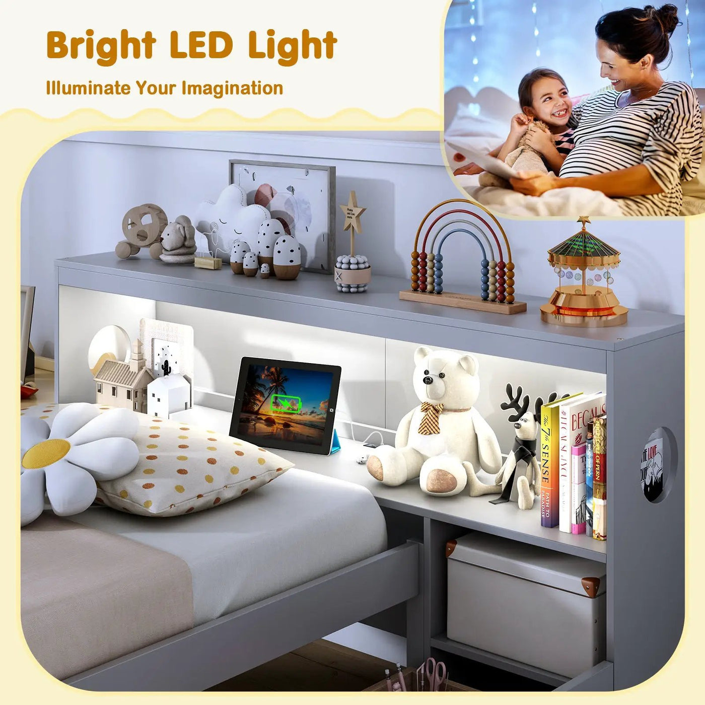 Twin Size Bed Frame with LED Light and Bookcase Headboard by DirectDeals