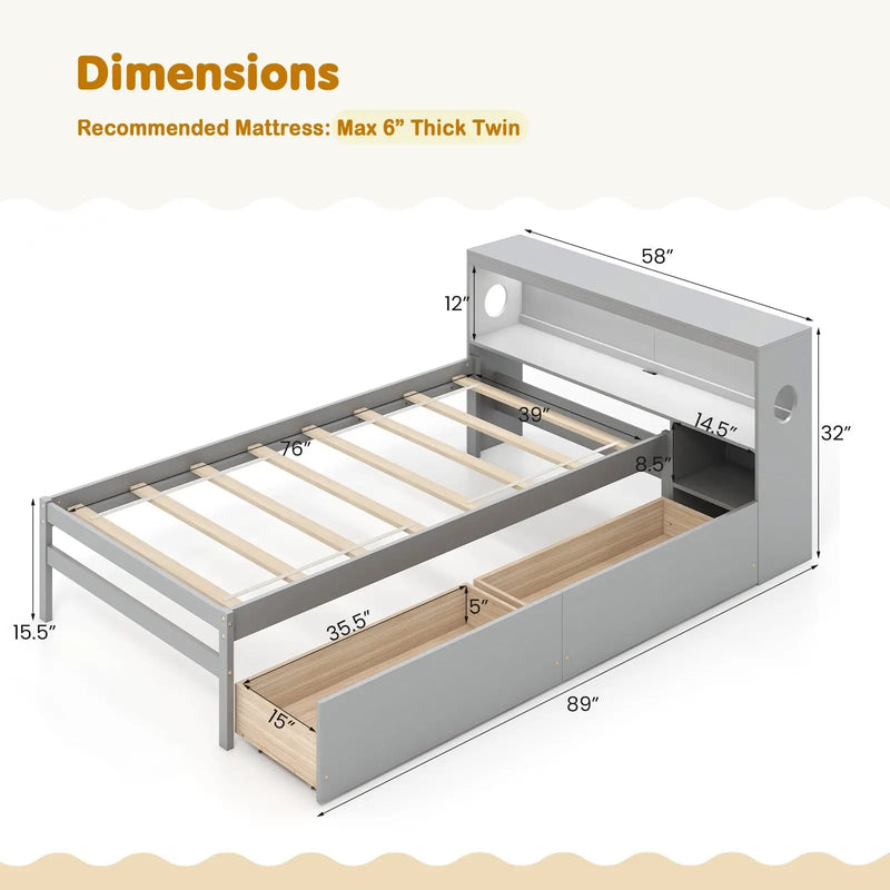 Twin Size Bed Frame with LED Light and Bookcase Headboard by DirectDeals