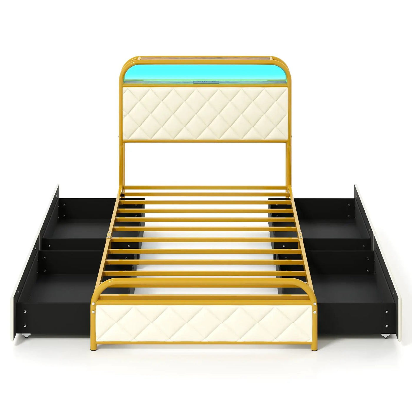 Twin/Full/Queen Size Bed Frame with LED Lights and Charging Station Gold by DirectDeals