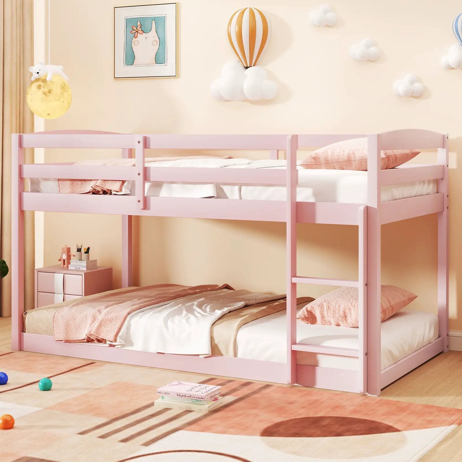 Twin Size Bunk Bed with High Guardrails and Integrated Ladder-Pink by DirectDeals