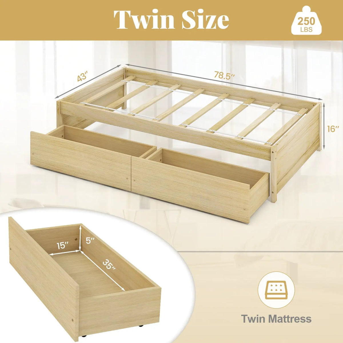 Twin Size Captain Bed with 2 Drawers and Slats Support by DirectDeals