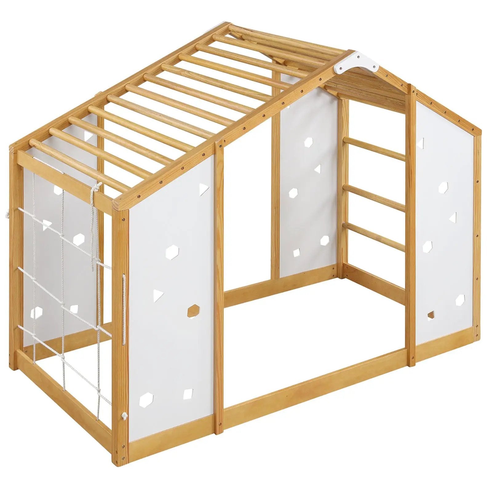 Twin Size Climbing Bed 2-in-1 Montessori Floor Bed with Monkey Bars-Natural and White by DirectDeals