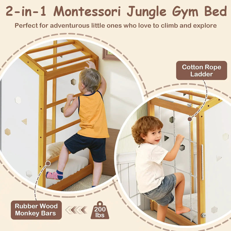 Twin Size Climbing Bed 2-in-1 Montessori Floor Bed with Monkey Bars-Natural and White by DirectDeals