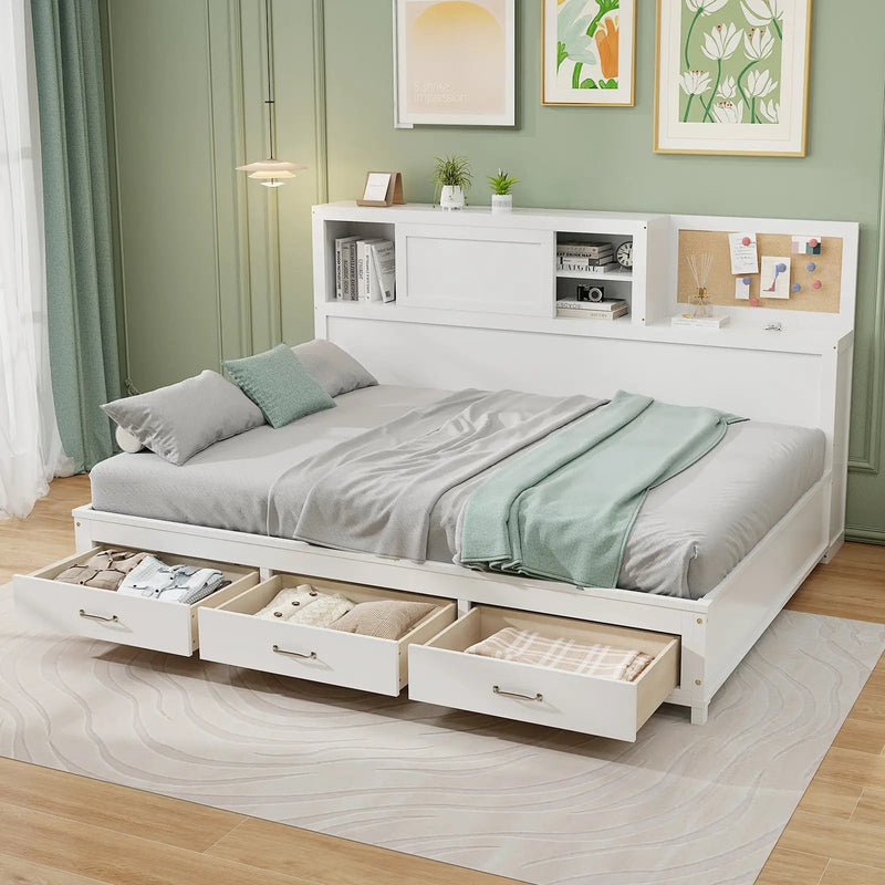 Twin/Full Size Wooden Daybed with 3 Drawers with Storage Shelves by DirectDeals