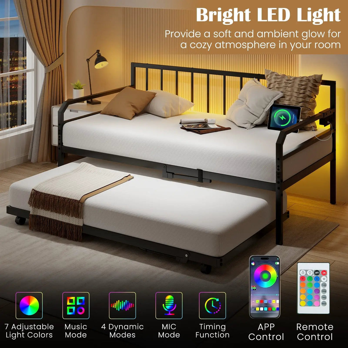 Adjustable Metal Twin Size Daybed with Charging Station and LED Light by DirectDeals
