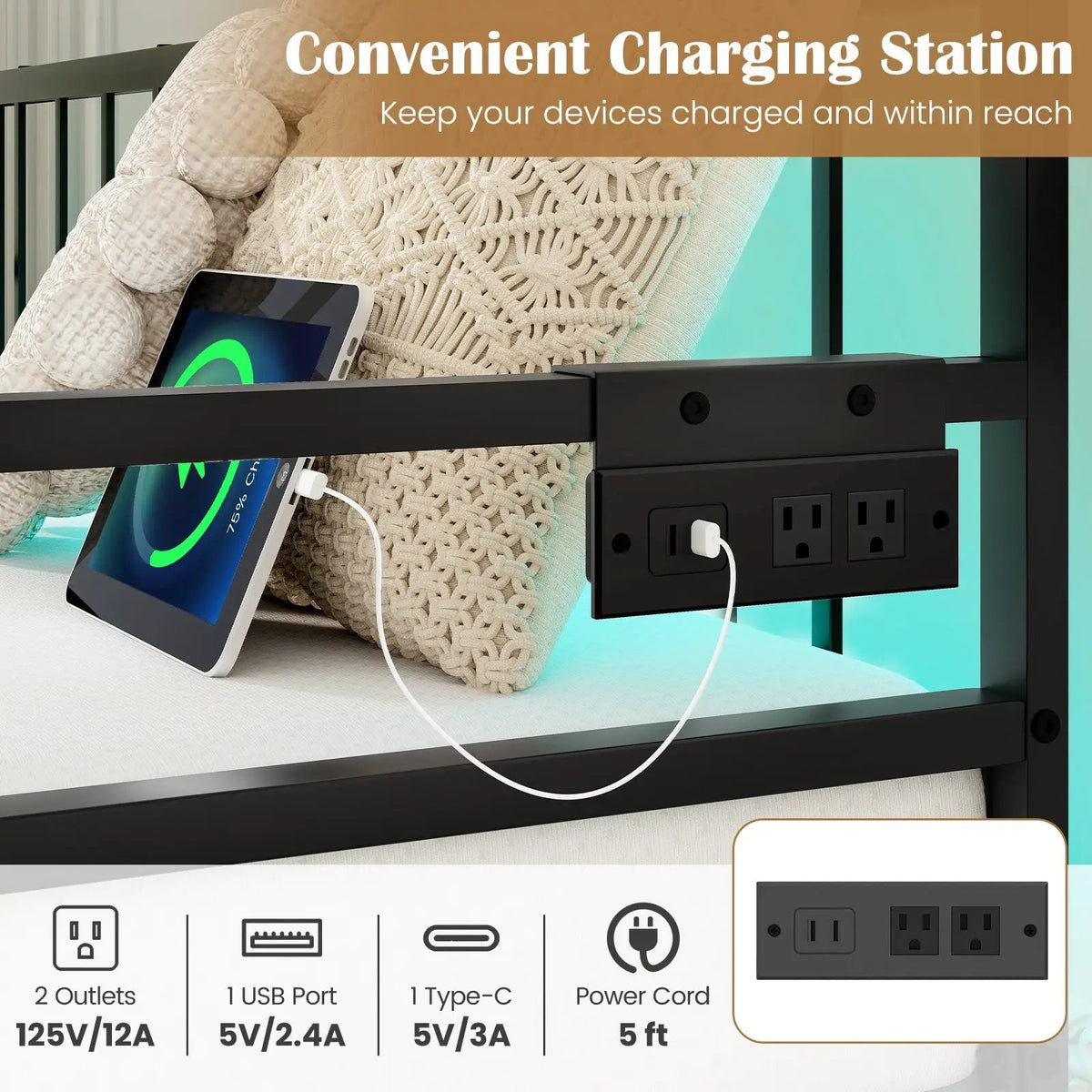 Adjustable Metal Twin Size Daybed with Charging Station and LED Light by DirectDeals