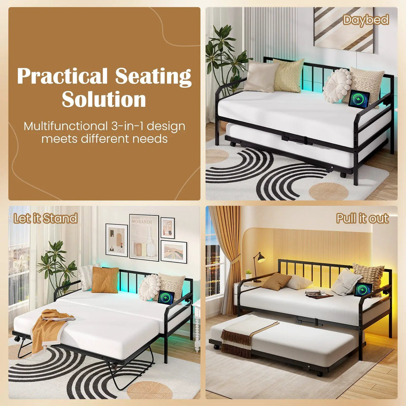 Adjustable Metal Twin Size Daybed with Charging Station and LED Light by DirectDeals
