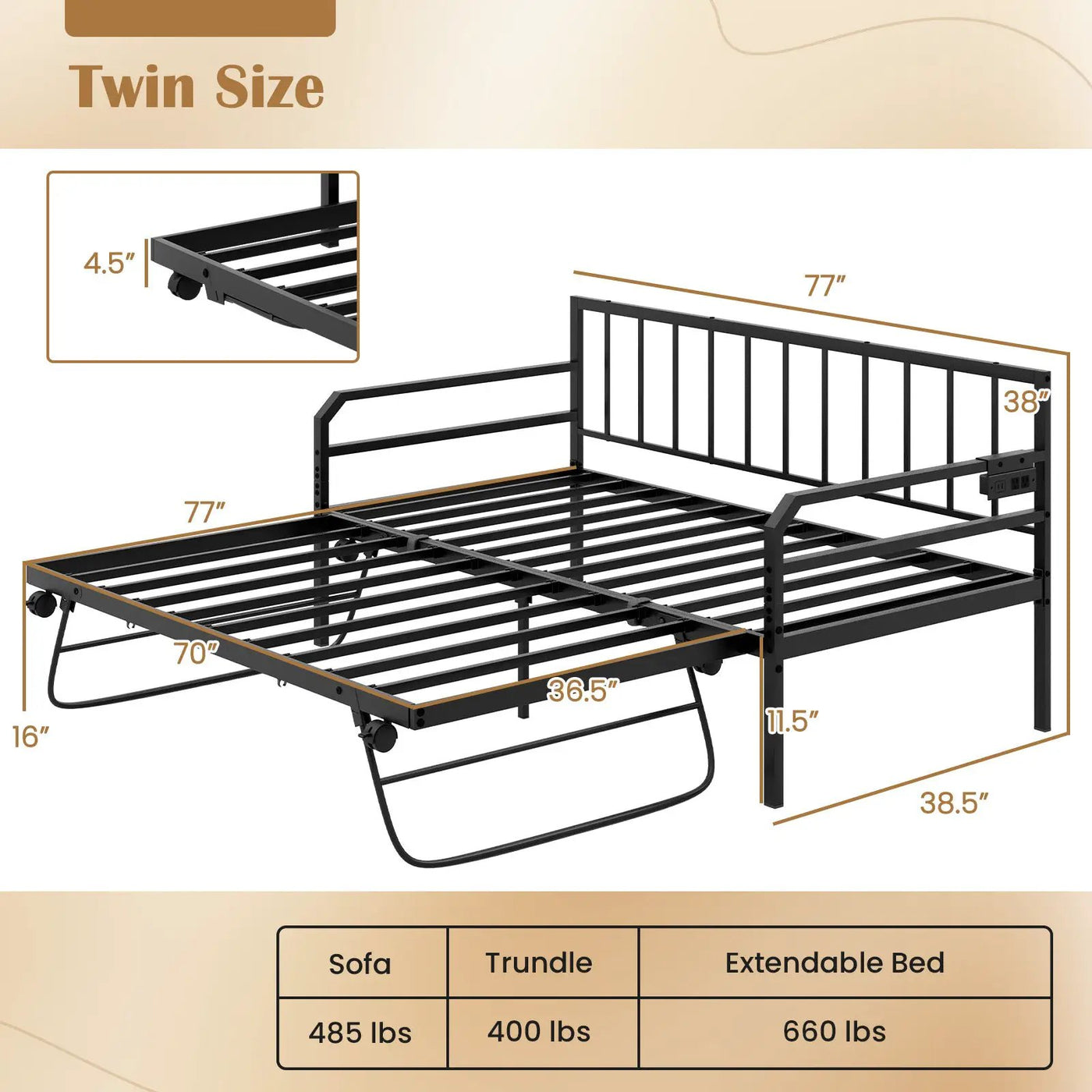 Adjustable Metal Twin Size Daybed with Charging Station and LED Light by DirectDeals