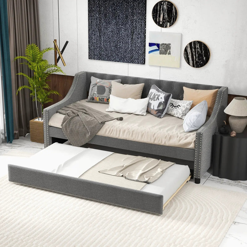 Twin Size Daybed with Trundle Sofa Bed with Curved Armrests and Backrest-Gray by DirectDeals