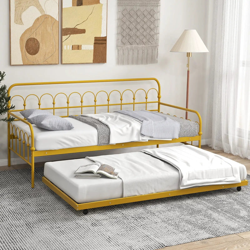 Twin Size Golden Metal Daybed with Trundle and Lockable Wheels-Twin Size by DirectDeals