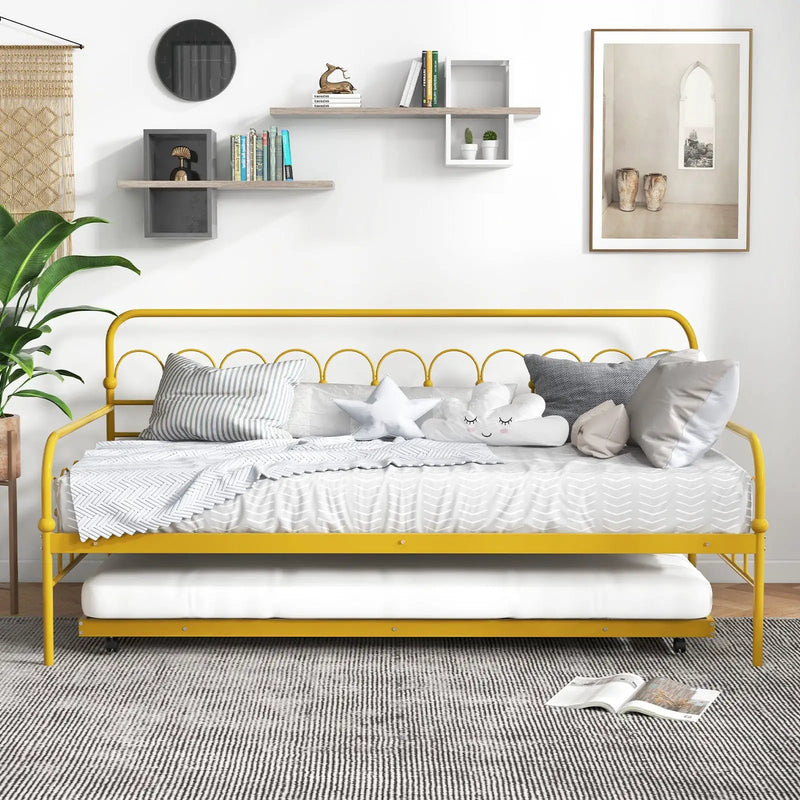 Twin Size Golden Metal Daybed with Trundle and Lockable Wheels-Twin Size by DirectDeals