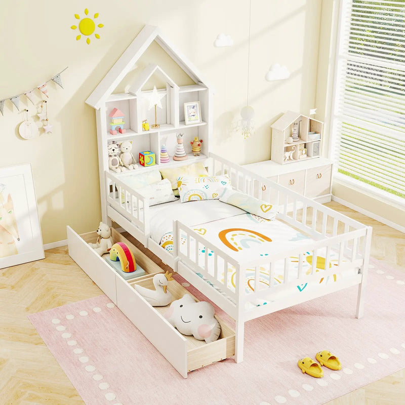 Twin Size House Bed Kids Montessori Bed with House-Shaped Storage Headboard-White by DirectDeals