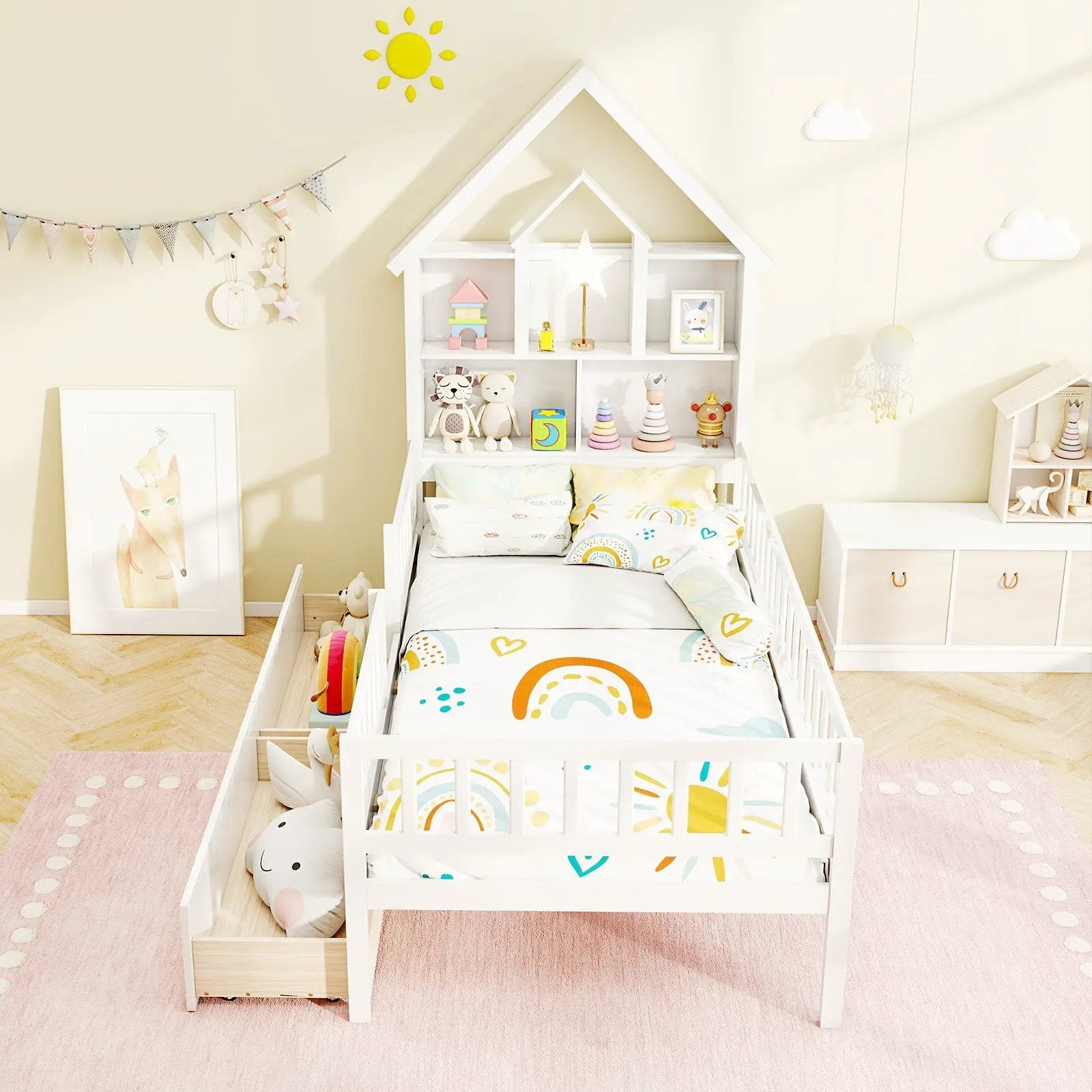Twin Size House Bed Kids Montessori Bed with House-Shaped Storage Headboard-White by DirectDeals