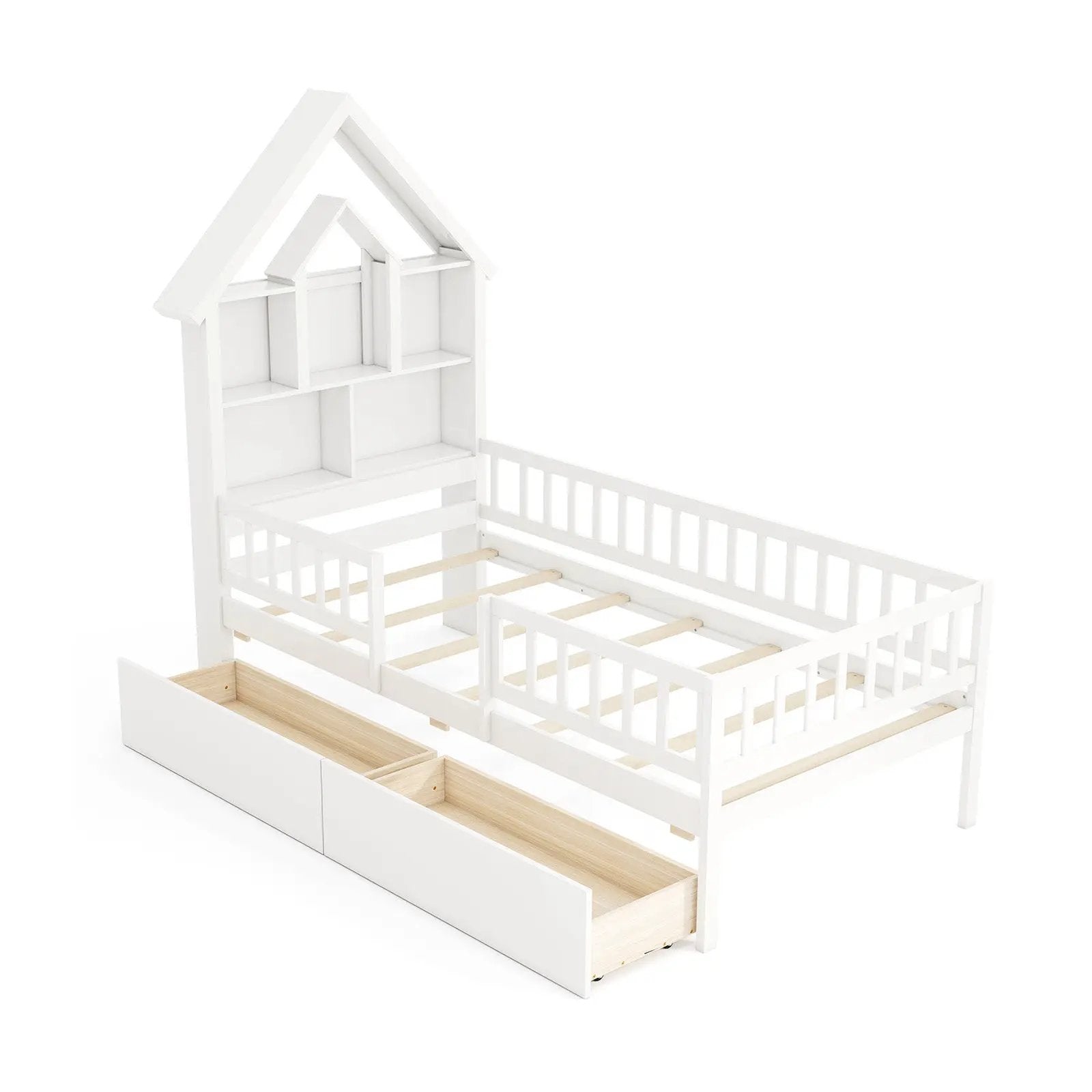 Twin Size House Bed Kids Montessori Bed with House-Shaped Storage Headboard-White by DirectDeals