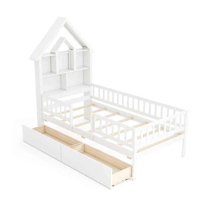 Twin Size House Bed Kids Montessori Bed with House-Shaped Storage Headboard-White by DirectDeals