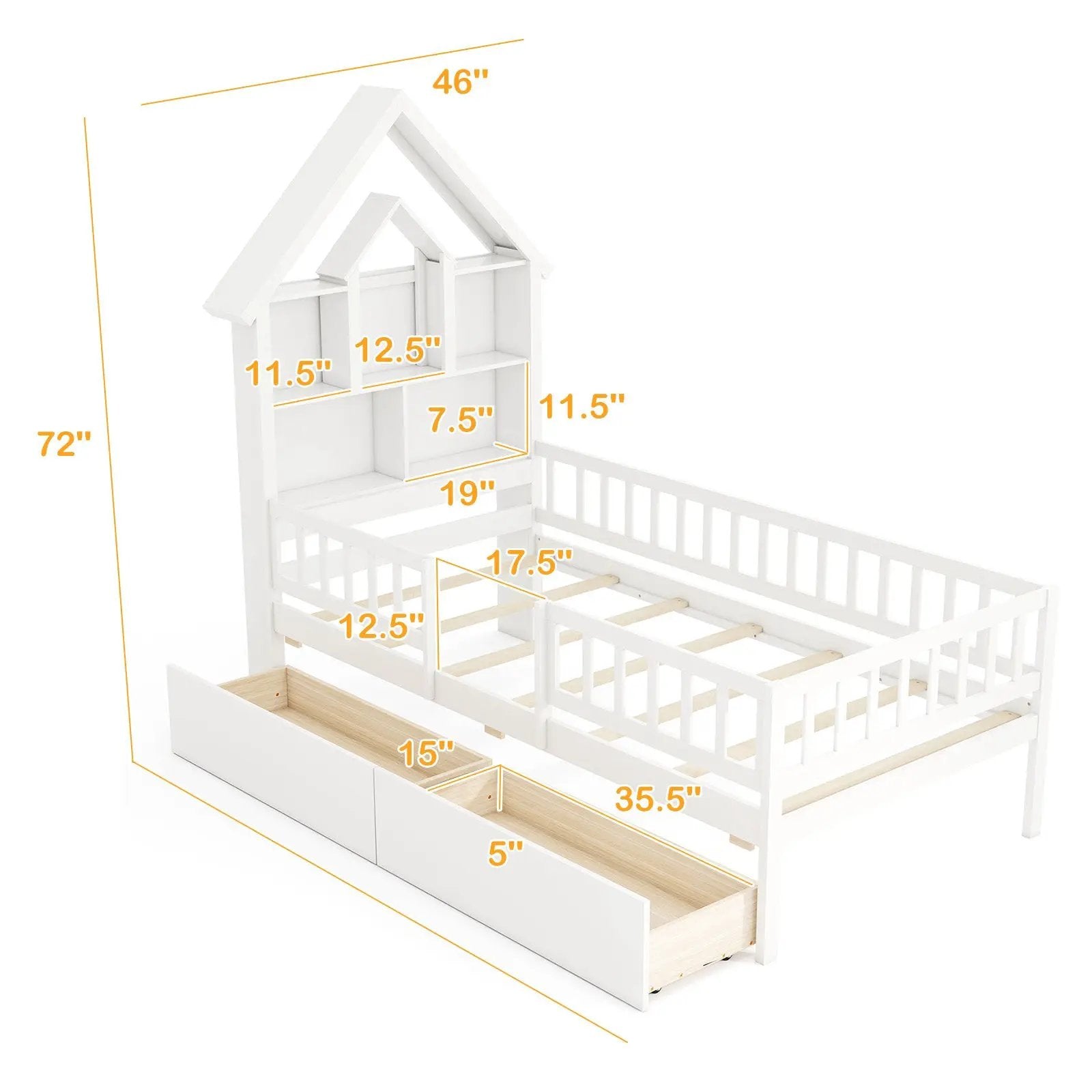 Twin Size House Bed Kids Montessori Bed with House-Shaped Storage Headboard-White by DirectDeals