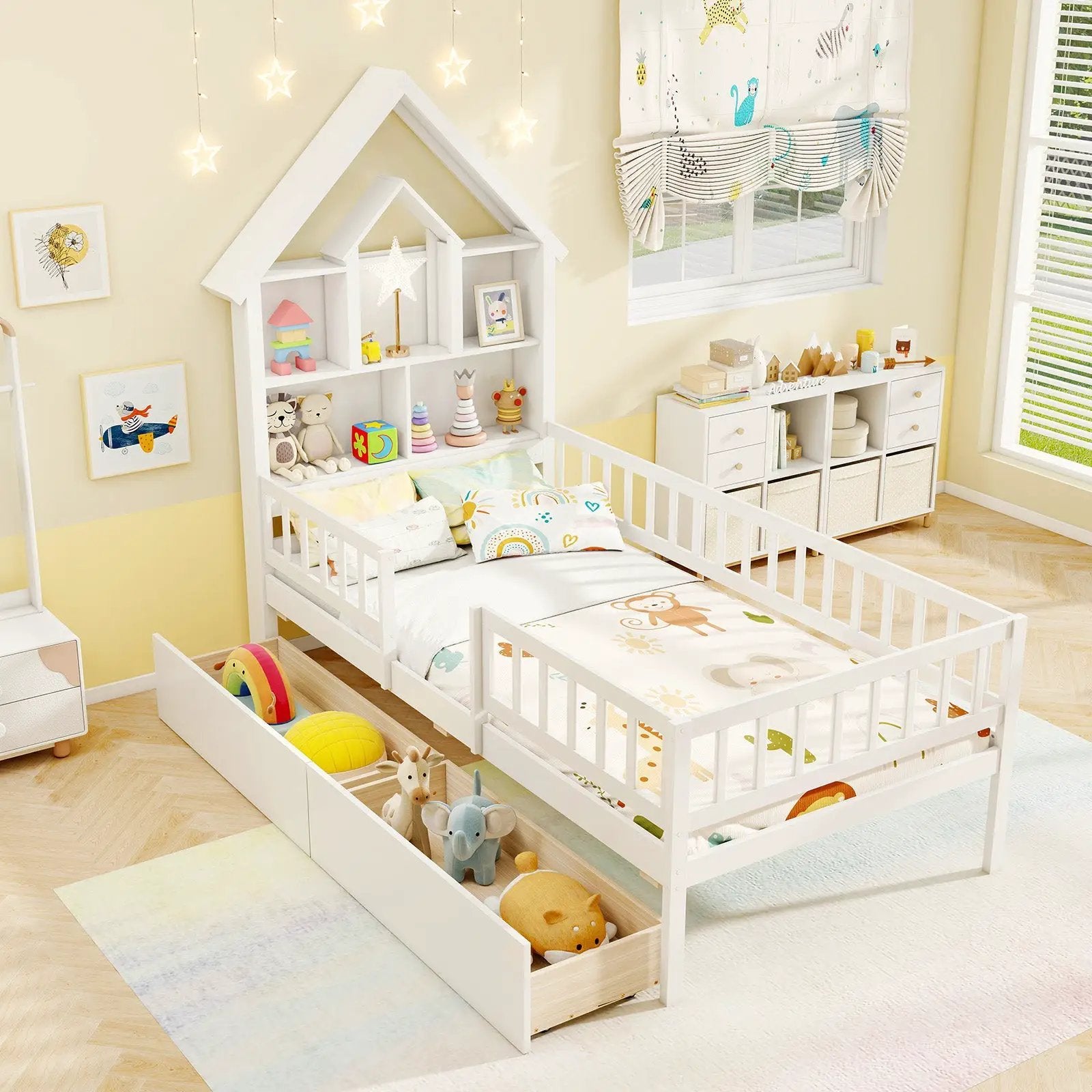 Twin Size House Bed Kids Montessori Bed with House-Shaped Storage Headboard-White by DirectDeals