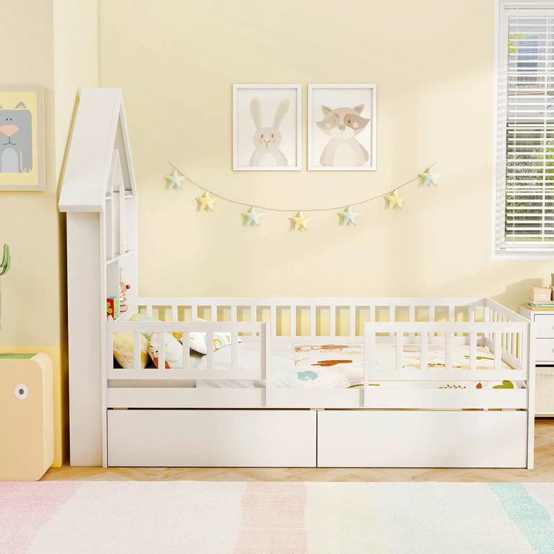 Twin Size House Bed Kids Montessori Bed with House-Shaped Storage Headboard-White by DirectDeals