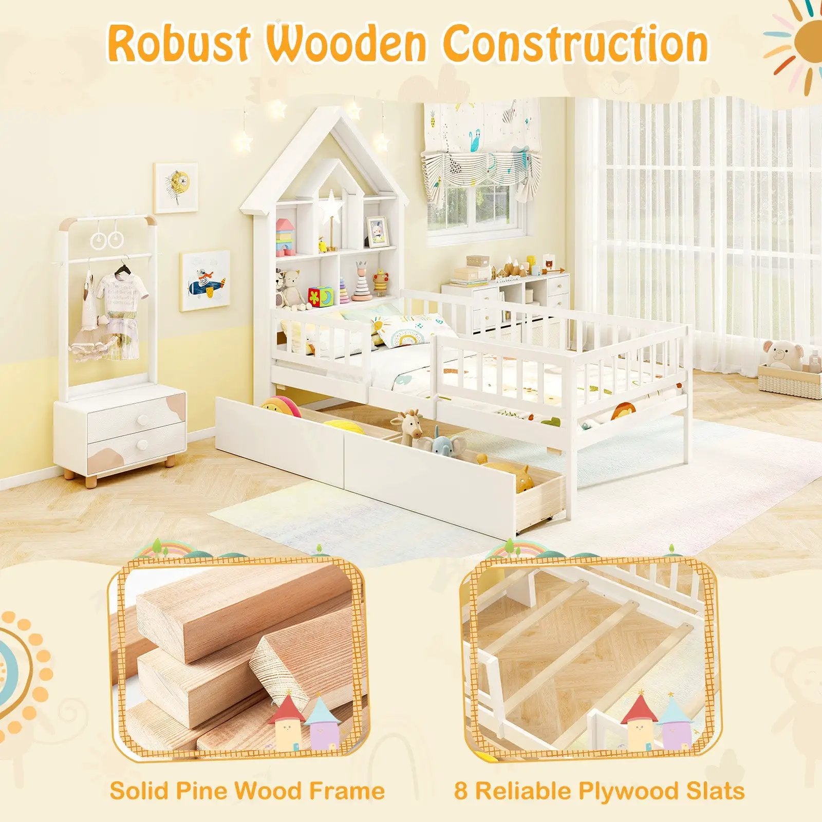 Twin Size House Bed Kids Montessori Bed with House-Shaped Storage Headboard-White by DirectDeals