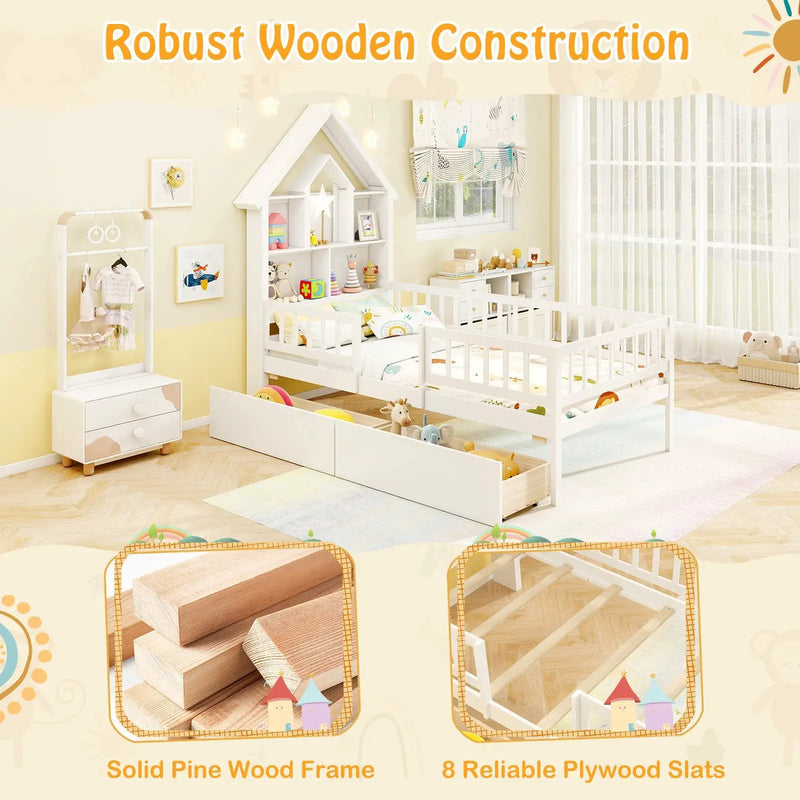 Twin Size House Bed Kids Montessori Bed with House-Shaped Storage Headboard-White by DirectDeals