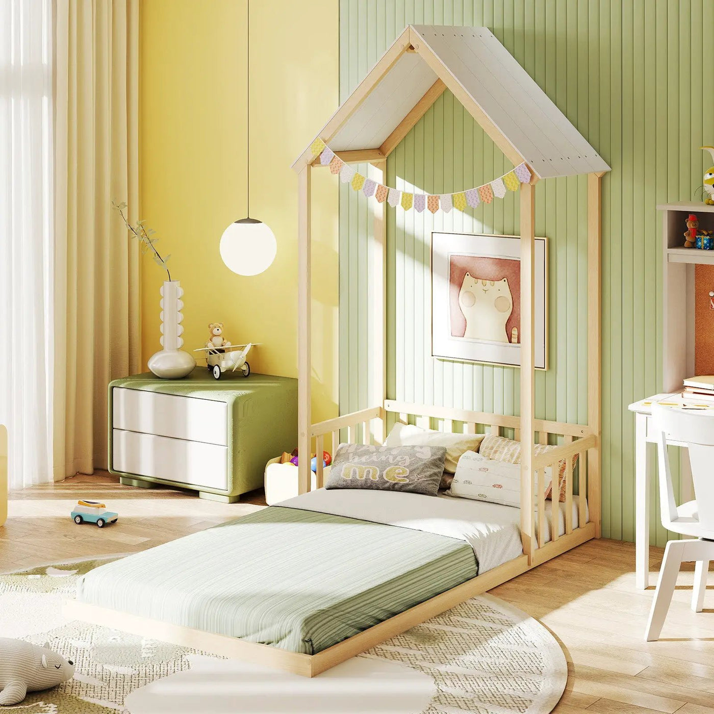 Twin Size House Bed with House Shape Roof and Semi-Fence by DirectDeals
