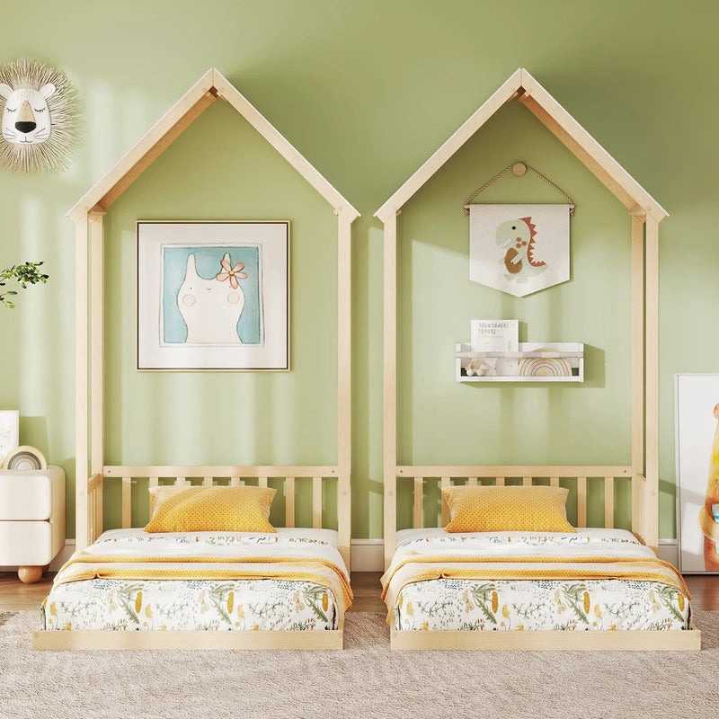 Twin Size House Bed with House Shape Roof and Semi-Fence by DirectDeals