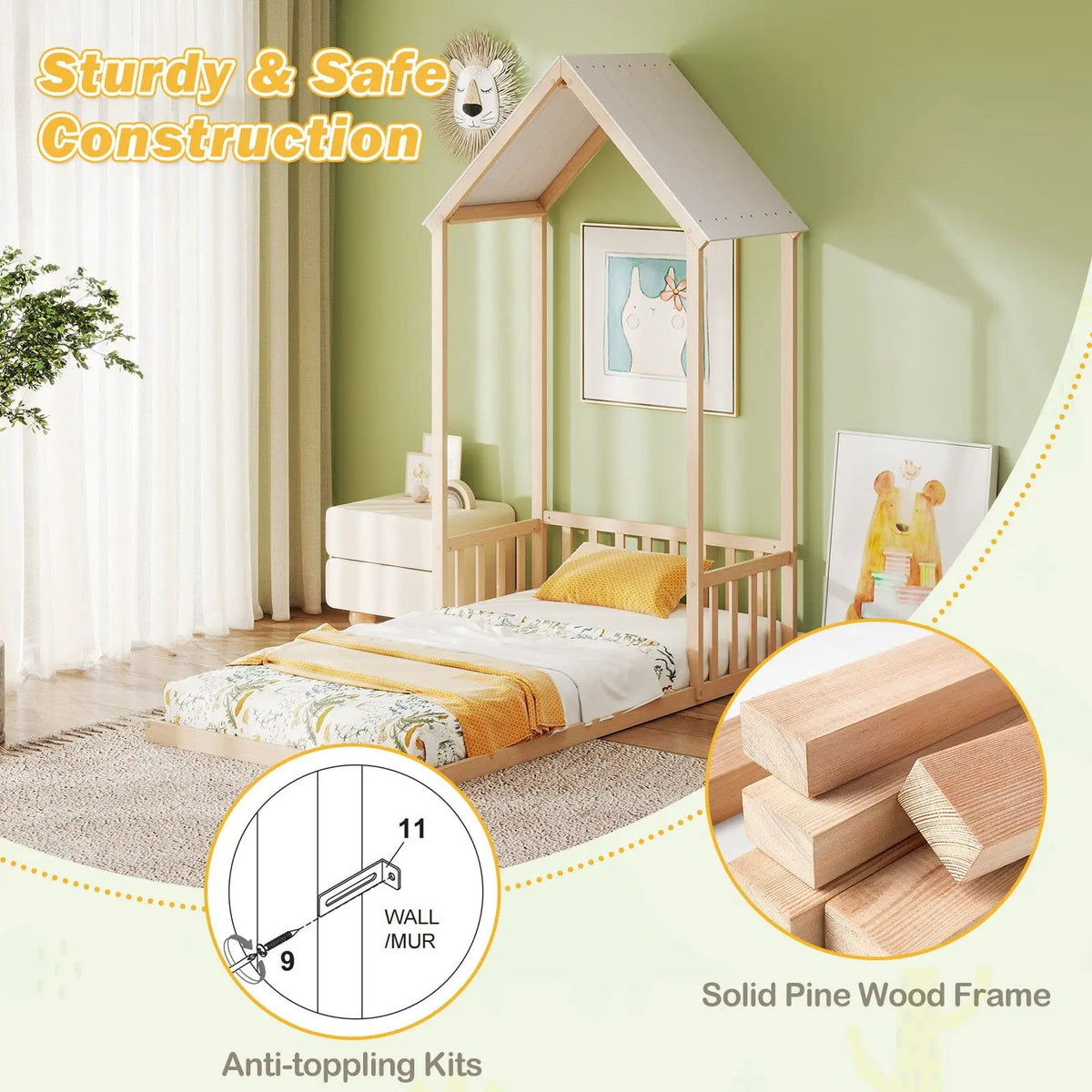 Twin Size House Bed with House Shape Roof and Semi-Fence by DirectDeals