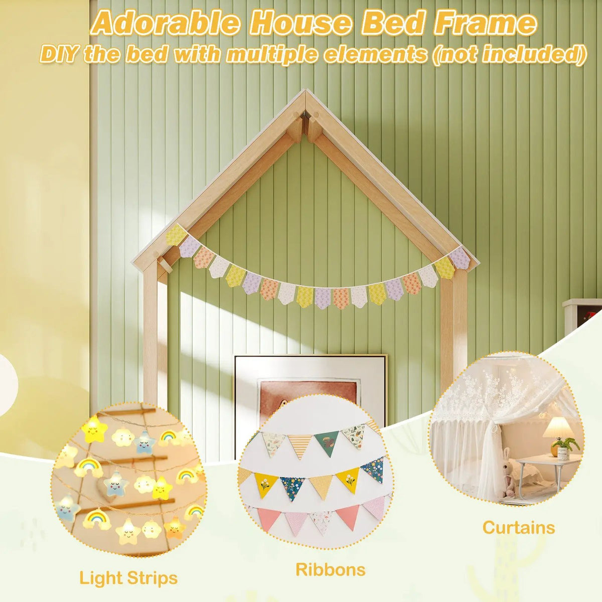Twin Size House Bed with House Shape Roof and Semi-Fence by DirectDeals